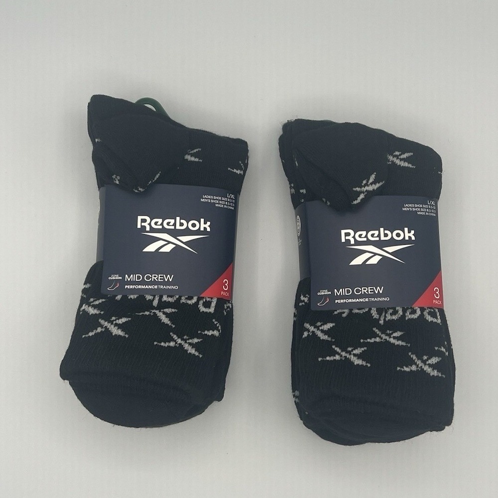 Reebok Mid Crew Performance Training Black Logo Socks - Men's Size 8.5 - 12.5